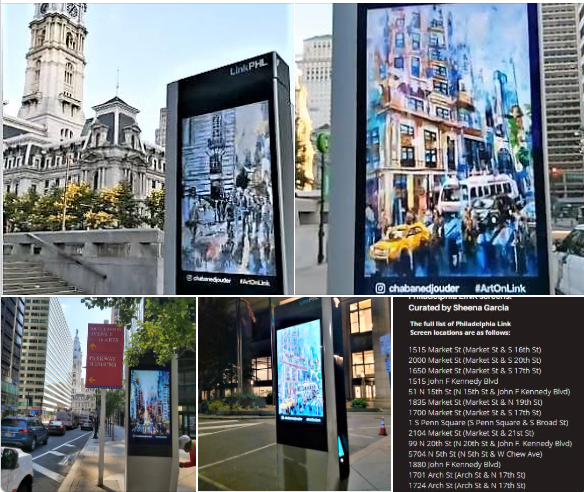 LinkPHL kiosk screens displaying curated public art by Chabane Djoudar throughout Philadelphia