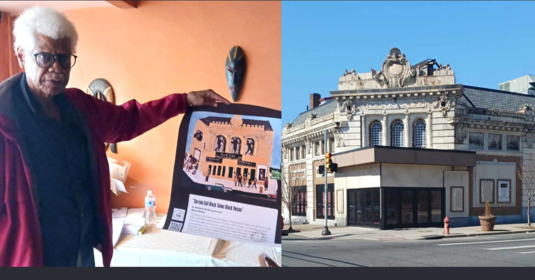 Founder of Bushfire Theatre receives a poster created by 52nd Street community artist Elizabeth Richburg Durrand