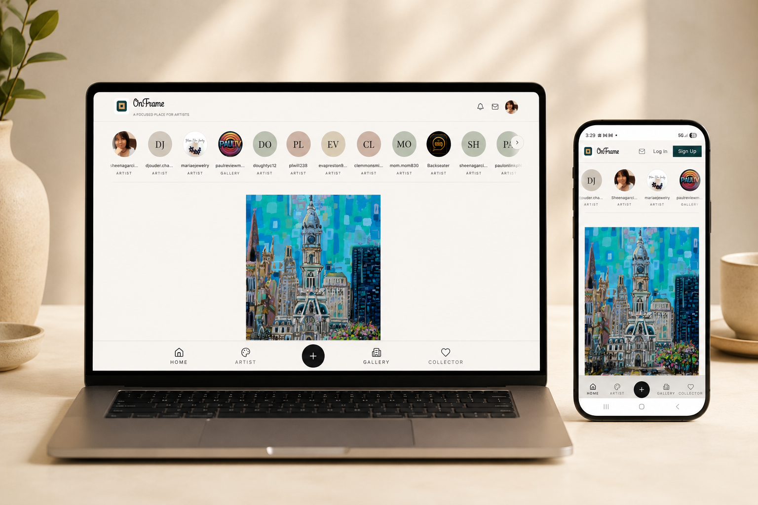 Onframe platform shown on laptop and phone mockups